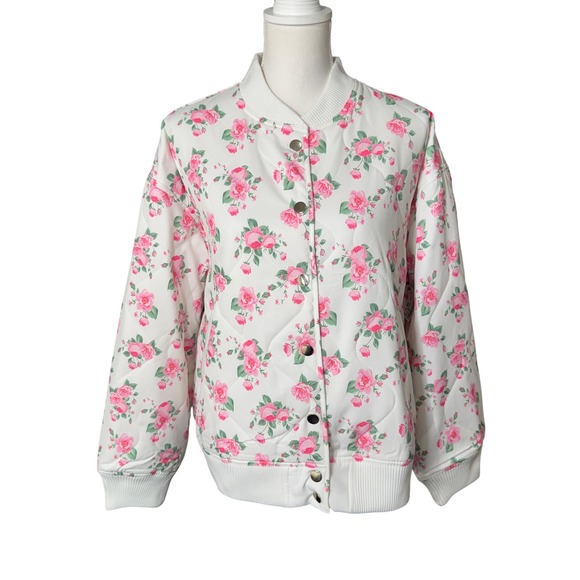 Mainstrip Jackets & Blazers - Mainstrip Women's Quilted Floral Bomber Jacket Pink Rose Snap Front White Size M